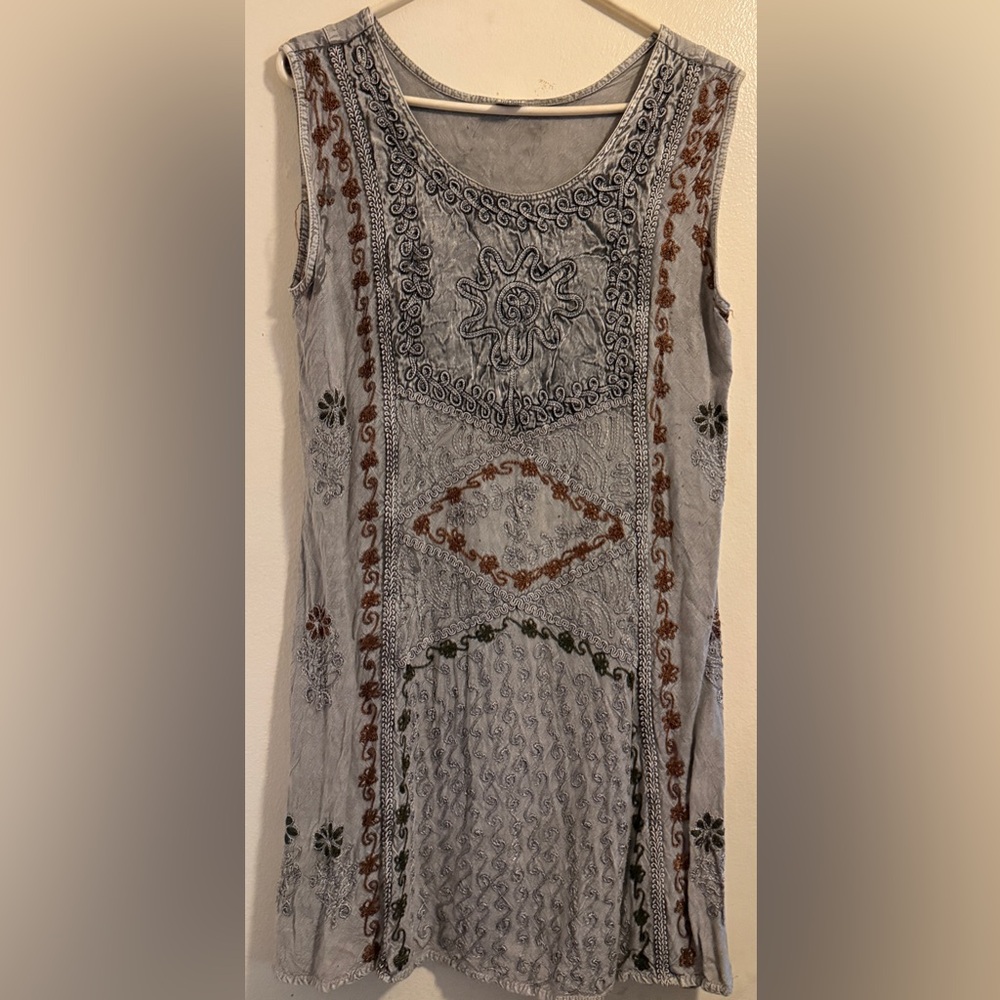Embroidered Gray Sleeveless Dress OSFM
